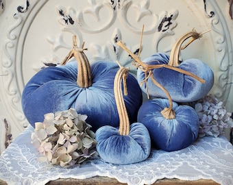 Velvet Pumpkins with Real Dried Pumpkin Stems-SLATE BLUE; 20 colors in 6 sizes. 10 percent off 5 or more.