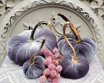 Velvet Pumpkins with Real Dried Pumpkin Stems-DARK & LIGHT GREY; 20 colors in six sizes. 10 percent off 5 or more.