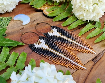 Beaded Fringe Earrings on Bronze Hoops; 'Werewolf'. Part of the 'Mythical Creatures' collection.