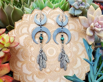 Silver Boho Moon Earrings with Natural Turquoise Beads and Silver Metal Feathers. Also available in bronze...