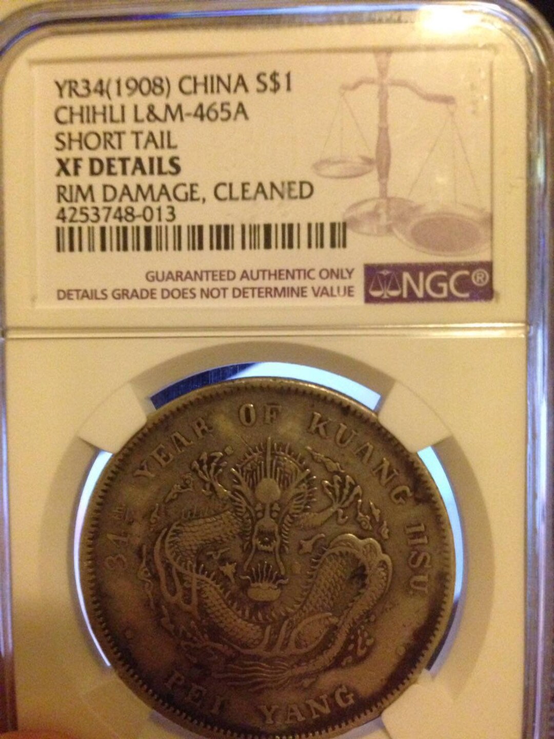 チベット　タンカ　ドルジェ・ドル YR 34 (1908) China Chihili Province Silver Dollar XF Details