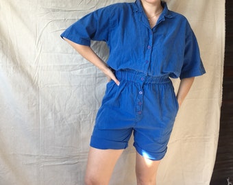 Vintage 1970's "Afterall" Cobalt Blue Button-down Coverall Jumpsuit, with elastic waist
