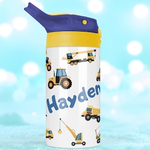 Boys tractor truck water bottle, Personalized Kids Cup, Back to School, 13 fluid oz Stainless Steel Thermos, Custom Sippy Cup, Baby boy gift