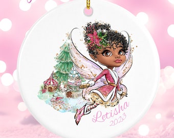African American Christmas ornament and necklace, personalized princess ornament, granddaughter gift, black fairy princess, little girl