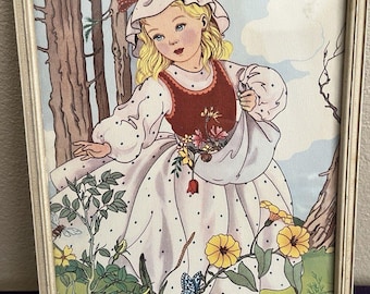 Girl in Flower Garden Framed Art Print Vintage Nature Illustration Storybook