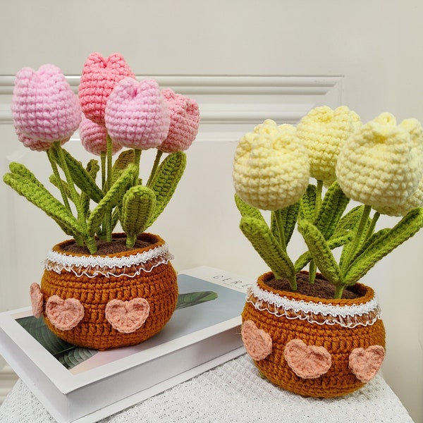 Tulip Crochet Flower Pot: Exquisite Handcrafted Gift for Mom on Mother's Day, Large Knitted Flower for Desktop, Delicate Cotton Material
