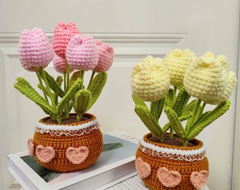 Tulip Crochet Flower Pot: Exquisite Handcrafted Gift for Mom on Mother's Day, Large Knitted Flower for Desktop, Delicate Cotton Material