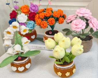 Handmade Crochet flowers in the pot,home decoration,personalized gift for mother,sunflower daisy,tulip, knitted heart in pot,for Desktop