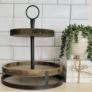 Rustic Wood Two Tiered Tray: Farmhouse Kitchen Decor Stand