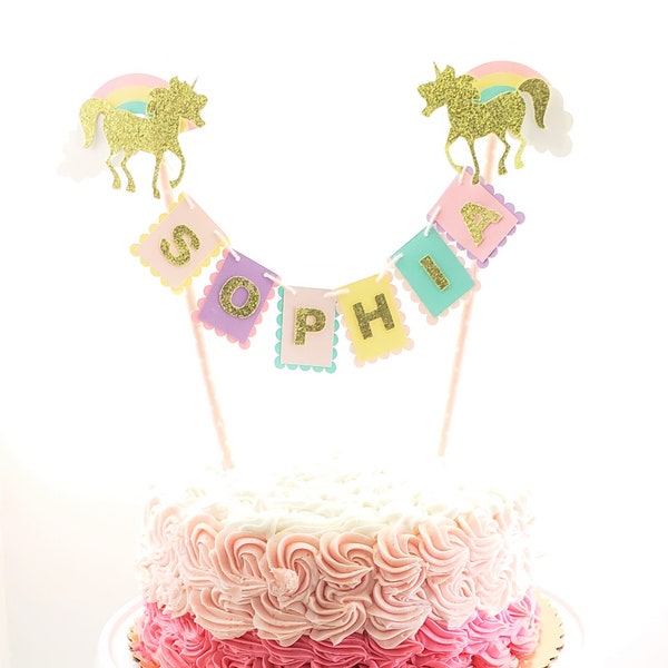 Unicorn Cake topper "One" Pastels and Gold Rainbow Cake Topper Birthday bunting- Glitter Gold, Any age and name available