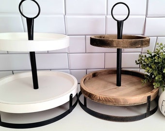Bandeja de dos niveles estilo granja: decoración de cocina de madera, soporte para cupcakes