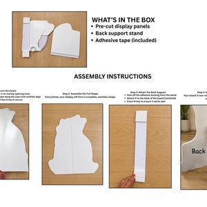 Puede incluir: La imagen muestra paneles de exhibici&oacute;n precortados blancos, un soporte trasero y cinta adhesiva. Las instrucciones de montaje detallan c&oacute;mo unir los paneles, formar la forma completa, fijar el soporte trasero y colocar la exhibici&oacute;n. El texto "WHAT'S IN THE BOX" es visible.