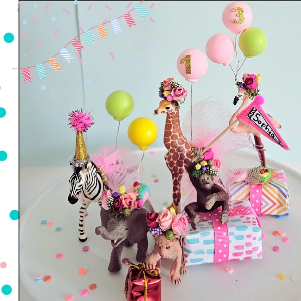 Party animals / Safari Party Cake / Safari Animal Cake Toppers / Giraffe cake topper/Elephant, zebra, flamingo,lion cub cake topper