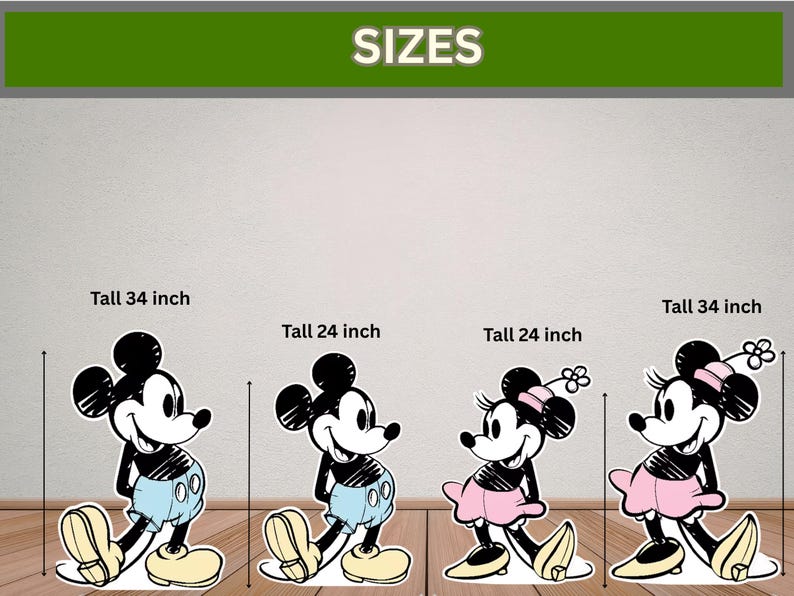 Puede incluir: Recortes de cart&oacute;n de Mickey y Minnie Mouse. Dos recortes de Mickey miden 86 cm de alto, y uno mide 61 cm. Dos recortes de Minnie miden 61 y 86 cm. La palabra "SIZES" est&aacute; en la parte superior.
