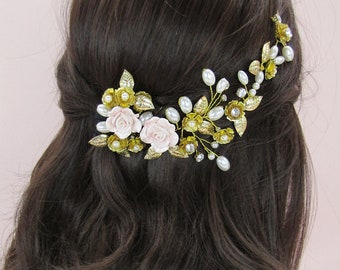 Gold Bridal Headpiece, Wedding Hair Accessory, Floral Headpiece, Gold Bridal Hair Vine, Gold Wedding Hair Accessories, Floral Hair Vine