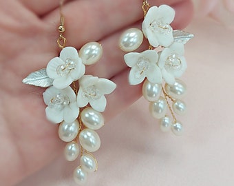 Floral Wedding Earrings Bridal Earrings Pearl Bridal Earrings Floral Jewelry Ceramic flower earrings Wedding Earrings Wedding jewelry