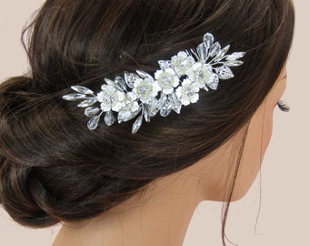 Peine de pelo de boda, peine de novia de cristal, peine de pelo floral plateado, accesorios para el cabello de novia, tocado de boda de cristal, pieza de pelo de boda