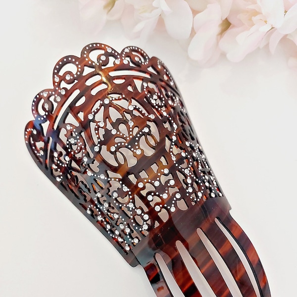 Antique Art Deco Hair Comb with Rhinestones Faux Tortoise Shell Hair Accessory Vintage Celluloid Hair Comb Victorian Flamenco Hair Accessory