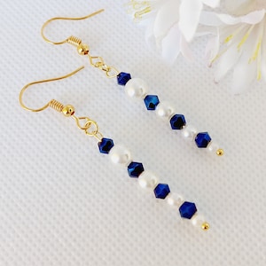Drop pearl earrings Crystal beads and pearls earrings Blue crystal beads earrings Gold earrings Pearl earrings Bridesmaid jewelry