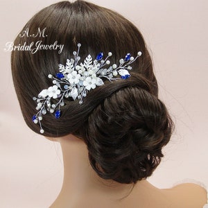 Blue bridal hair comb, Blue sapphire hair comb, Wedding hair piece, Blue wedding headpiece, Something blue hair comb, Bridal hair jewelry