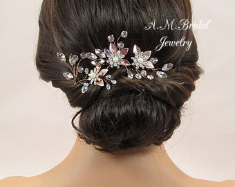 Rose Gold Headpiece, Crystal Bridal Headpiece, Rose Gold Wedding Hair Accessory, Wedding Headpiece, Bridal Hair Vine, Floral Headpiece