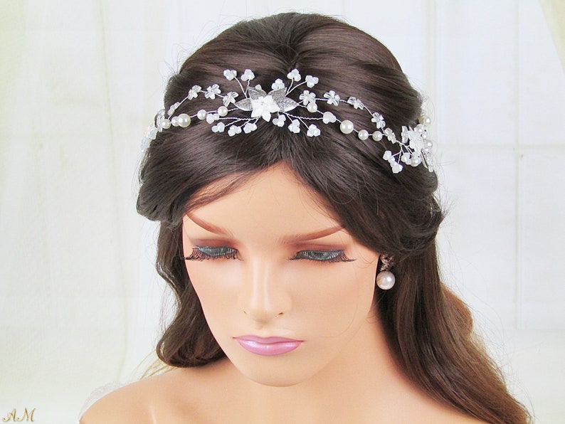 Bridal Silver Hair Vine /& Earrings Set Bohemian Wedding Accessories Set Wedding Earrings and Headpiece Opal Wedding Hair Accessories