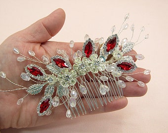 Red Crystal Bridal Hair Comb, Red Bridal Hair Piece, Wedding Headpiece, Red Hair Accessories, Bridal Headpiece, Bridesmaid Hair Comb