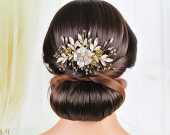Gold Bridal Flower Hair Comb Gold Hair Piece for Bride Back Hair Comb Leaf Hair Comb Floral Headpiece Wedding Hair Accessories Floral Comb