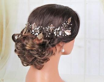 Gold Wedding Hair Vine Floral Bridal Headband Rhinestone Bridal Hair Accessory Leaf Headband