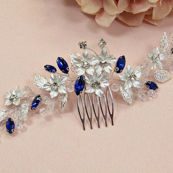 Sapphire Blue Wedding Hair Comb Blue Bridal Headpiece Floral Bridal Hair Comb Flower Wedding Hair Piece Blue Bridal Hair Accessories