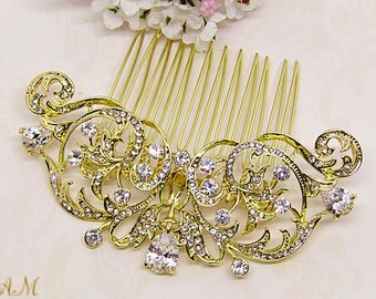 Gold bridal hair comb, crystal hair comb, wedding hair comb, rhinestone hair comb, gold headpiece, wedding hair jewelry, gold hair accessory