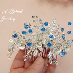 Blue Bridal Hair Comb, Blue Headpiece, Wedding Hair Accessory, Something Blue Jewelry, Floral Hair Comb, Bridesmaid Hair Piece, Wedding Comb