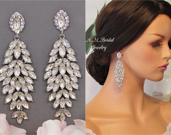 Wedding Earrings, Bridal Earrings, Long Dangle Earrings, Leaf Earrings, Crystal Earrings, Silver Earrings, Wedding Jewelry, Bridesmaid Gift