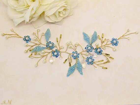 Braut Haarschmuck Mit Perlen & Kristall – Langes Stirnband Für Hochzeit, Blau