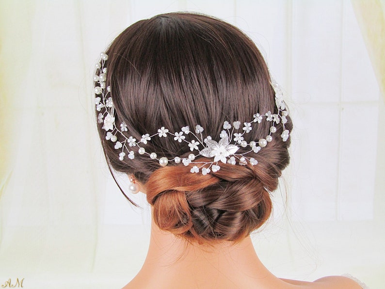Bridal Silver Hair Vine /& Earrings Set Bohemian Wedding Accessories Set Wedding Earrings and Headpiece Opal Wedding Hair Accessories