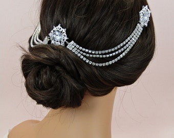 Tocado de boda de cadena de pelo, pieza de pelo de boda de cadena de pelo nupcial, accesorios para el cabello de pedrería, tocado de novia de plata, tocado de cristal