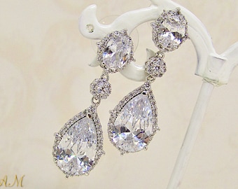 Silver Crystal Earrings Rose Gold Bridal Earrings Crystal Wedding Earrings Bridal Jewelry CZ Cubic Zirconia Dangle Earrings