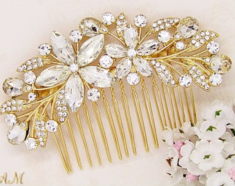 Gold bridal hair comb, bridal headpiece, gold headpiece, crystal hair comb, bridal  accessories, rhinestone hair comb, leaf hair comb