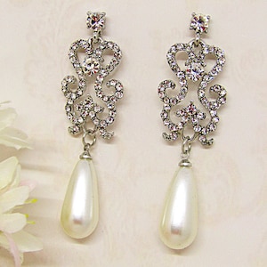 Drop Bridal Earrings, Pearl Drop Earrings, Pearl Jewelry, Wedding Earrings, Teardrop Earrings, Silver Crystal Earrings, Wedding Jewelry