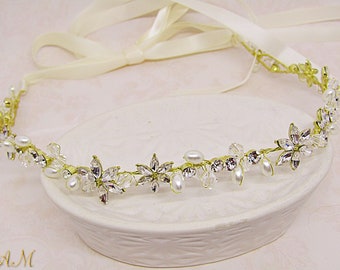 Gold Bridal Headband, Pearl and Crystal Bridal Tiara, Rhinestone Wedding Headpiece, Bridal Wreath, Crystal Headband, Bridesmaid Headband