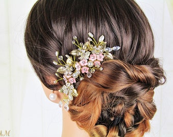 Flower Wedding Hair Comb Gold Bridal Hair Comb Gold Leaf Bridal Headpiece Bridesmaid Headpiece  Pearl and Crystal Wedding Headpiece