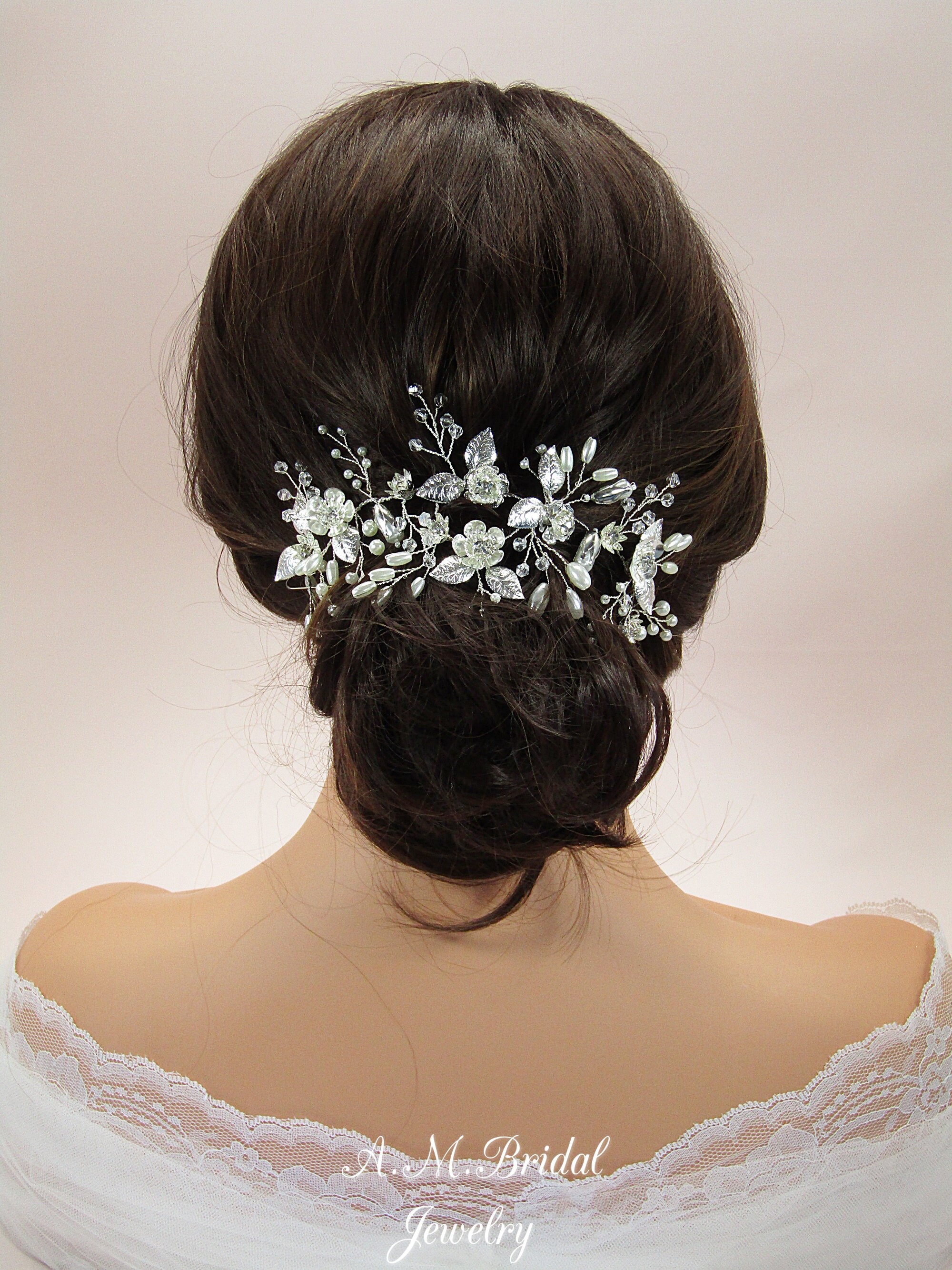 Braut-Haarschmuck Silber – Blumenranke Mit Perlen & Kristallen, Für Hochzeit & Festliche Anlässe