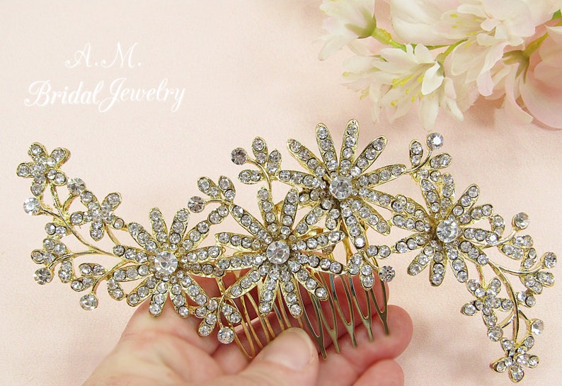 Gold floral hair comb crystal wedding hair comb gold bridal hair comb wedding headpiece flower hair comb bridal headpiece image 2