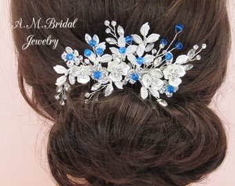 Blue Bridal Hair Comb, Blue Headpiece, Wedding Hair Accessory, Something Blue Jewelry, Floral Hair Comb, Bridesmaid Hair Piece, Wedding Comb