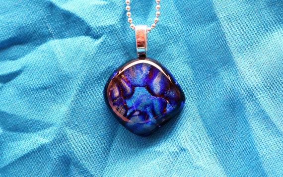 Unisex Blue and White Fused Glass Pendant Necklace Blue Glass Necklace Pendant Hippie Necklace Boho Necklace Dichroic Accent Necklace