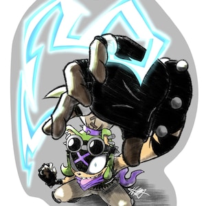 May include: A digital illustration of a cartoon character in a dynamic pose, with a green and tan hedgehog-like figure wearing goggles and a purple scarf. The character is interacting with a black-clad figure, with blue lightning effects in the background.