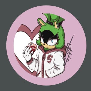 Op de afbeelding: Een groen en zwart cartoonfiguur met een wit jack en een roze hart op de achtergrond. Het figuur houdt een roze en rode doos vast met het woord "Cute" erop.
