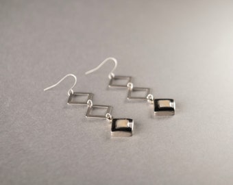 Geometric dangle earrings, Steel and shell Earrings, Modern Stainless steel earrings