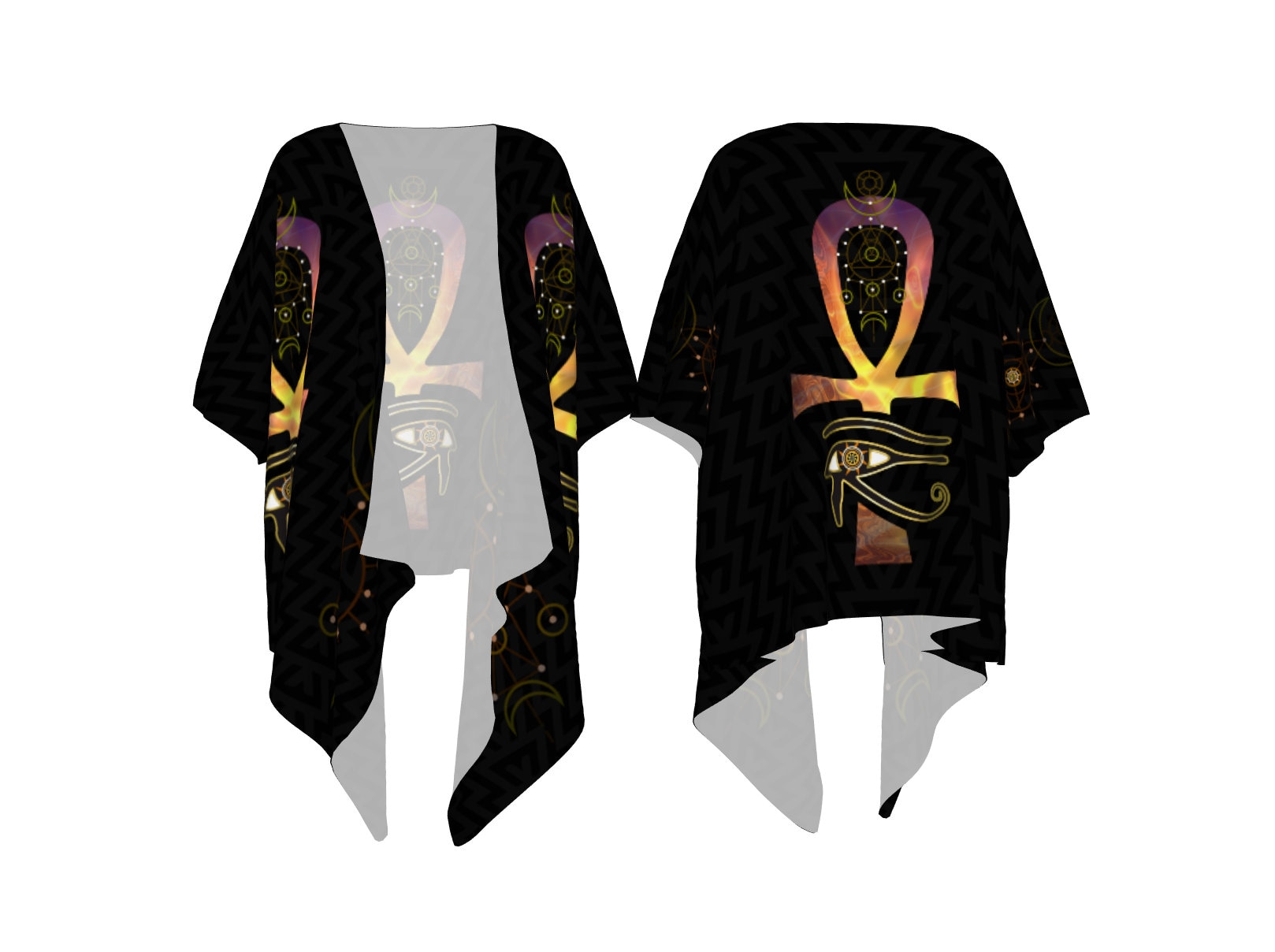 Egyptian kimono jacket, Eye of Horus, Kimono cardigan, Chiffon kimono, Sheer Fringe kimono, Ankh Symbol Clothing, Egyptian Clothing