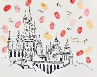 May include: A white print featuring a black ink line drawing of a castle with a bridge. Above the castle are scattered red and yellow fingerprints, each labeled with names like Neville, Luna, Dobby, and Dumbledore. The text Ginny & Harry is at the bottom.